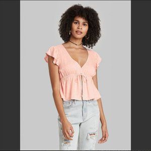 Women Flutter Sleeve V-Neck Tie Front Flyaway Top
